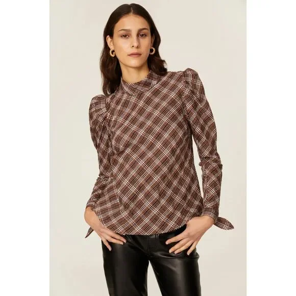 NWOT Veronica Beard Isabel Plaid Button Back Tie Cuff Blouse in Brown Size 2 - Picture 2 of 14